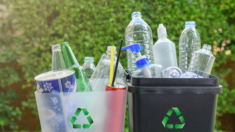 Full plastic recycling bins