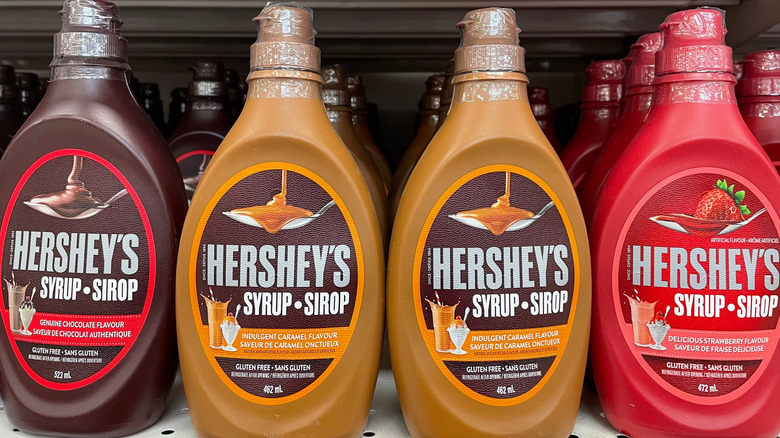 Hershey's syrups in chocolate, caramel, and strawberry