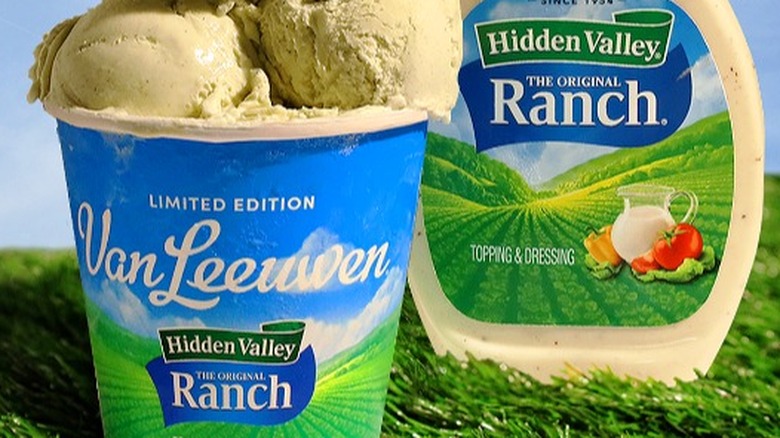 Van Leeuwen''s Hidden Valley Ranch ice cream next to a bottle of Hidden Valley Ranch