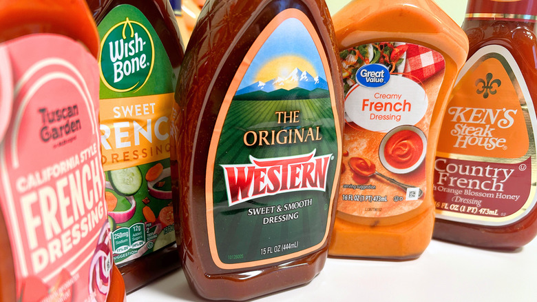 Close up of several bottles of French dressing