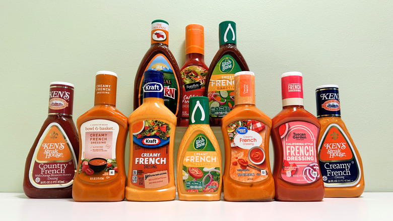 Ten bottles of French dressing lined up in two rows