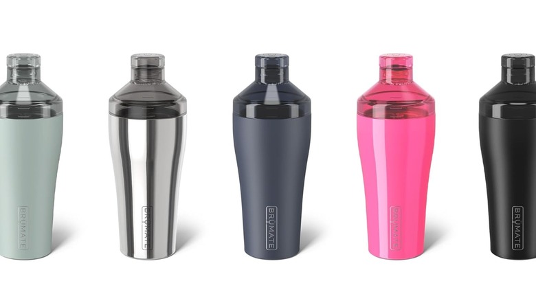 BrüMate cocktail shakers in various colors lined up on a white background