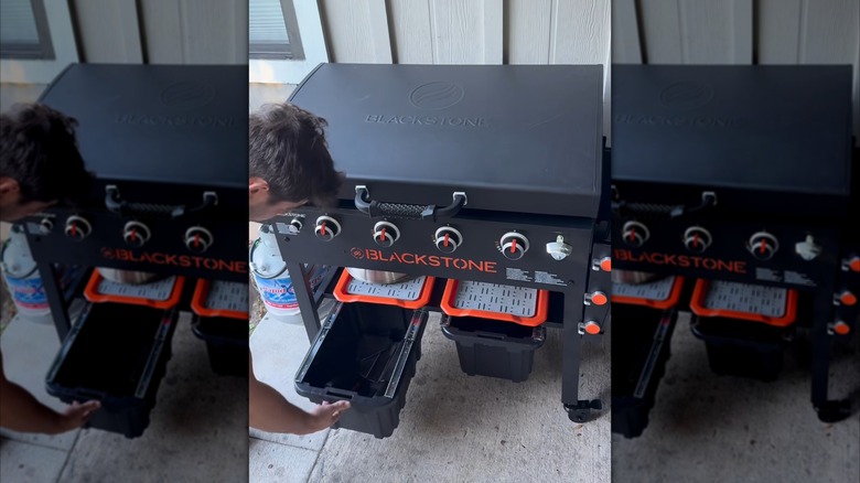 Man demonstrating DIY drawers on Blackstone griddle