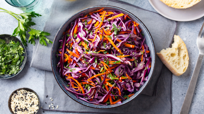 bright purple coleslaw in bowl