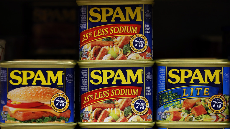 SPAM cans on a shelf