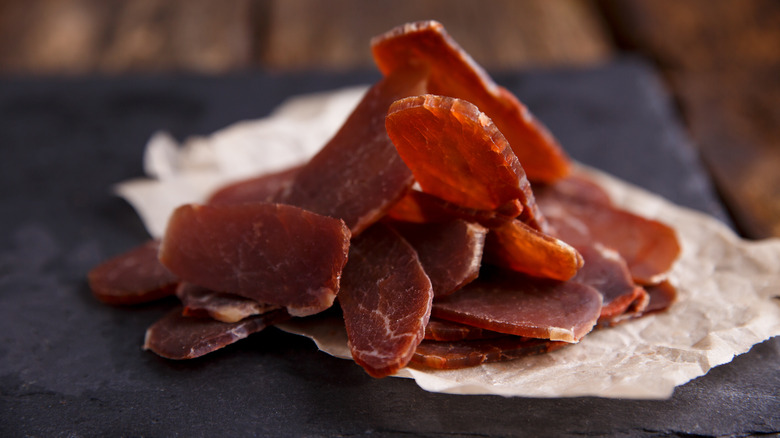 Beef jerky on stone slab