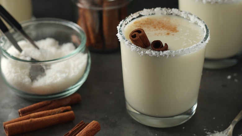 A coquito in a glass on counter
