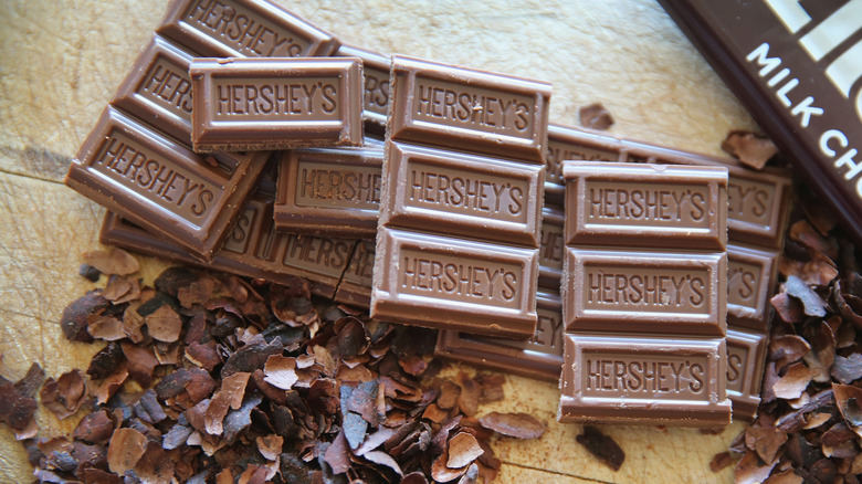 2 unwrapped Hershey's chocolate bars