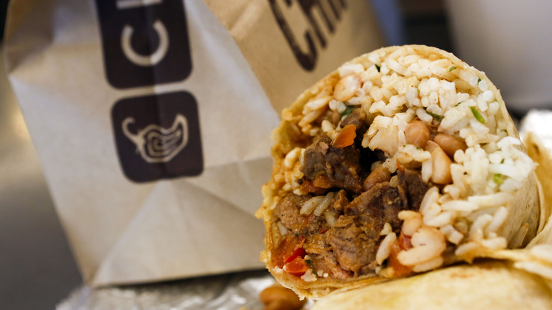 chipotle burrito filled with steak and rice
