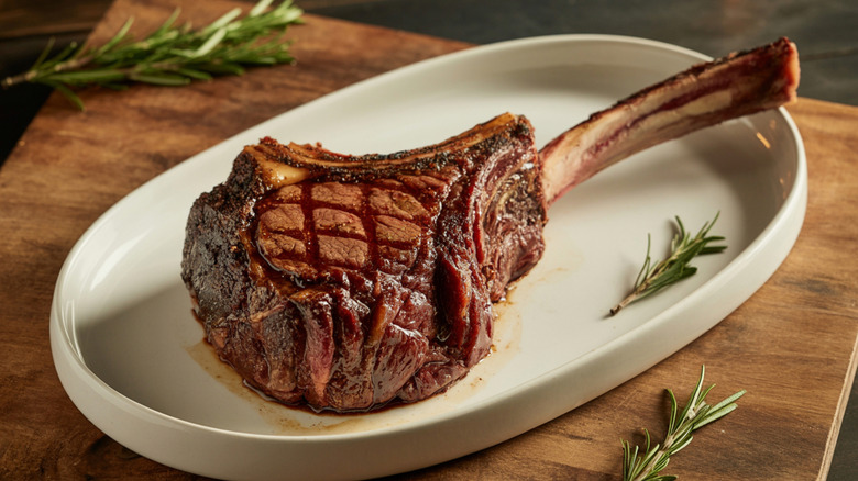 cowboy steak on a white plate