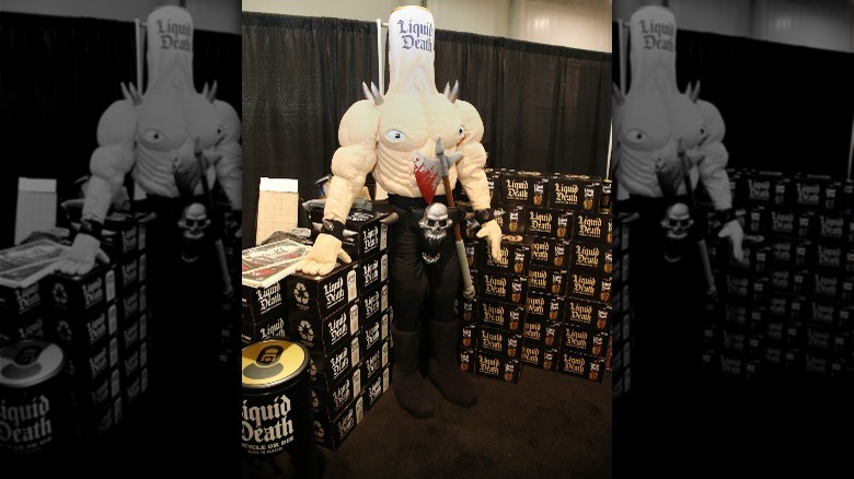 Mascot promoting Liquid Death cases