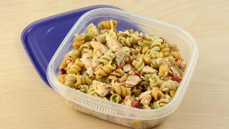 Pasta salad in plastic container