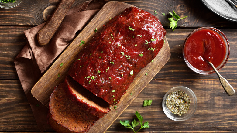 glazed meatloaf on wooden platter