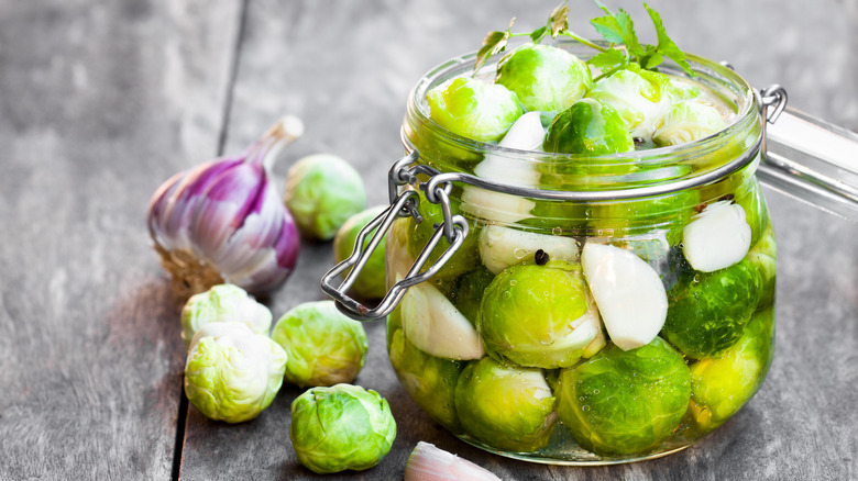 Pickled Brussels sprouts in jar