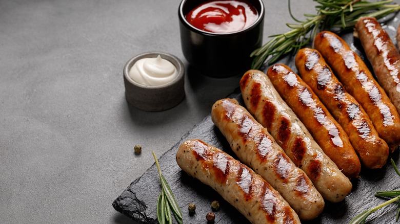 Sausage assortment on stone slab