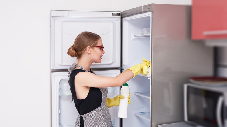 Woman cleaning her refrigerator