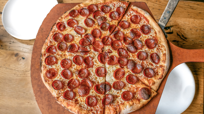 High angle view of a pepperoni pizza