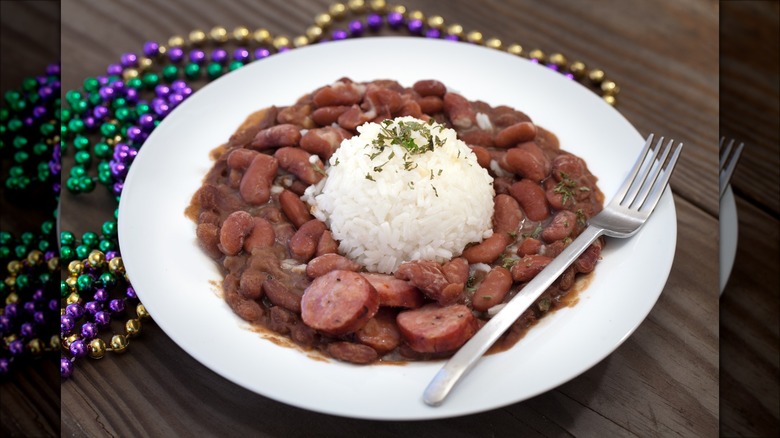 Red beans and rice with beads