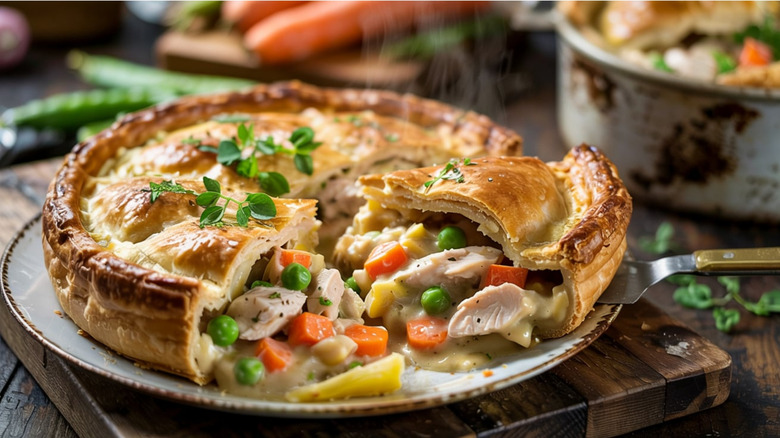 Chicken pot pie being served from a plate