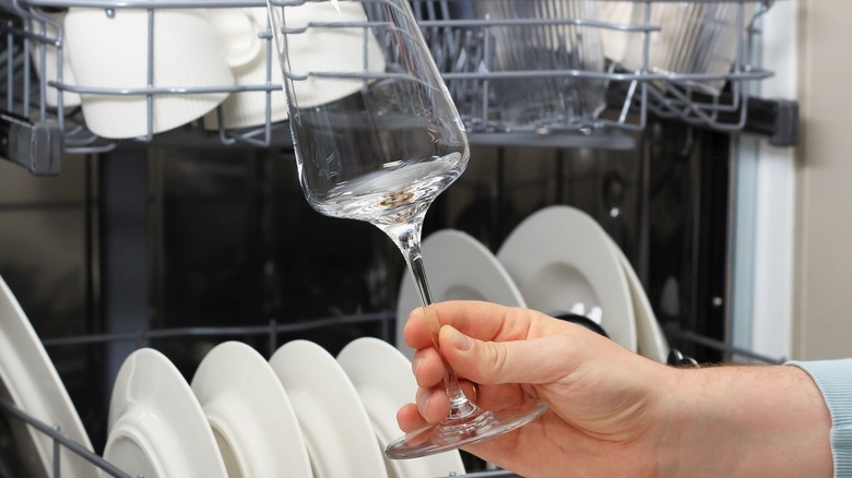 Hand holding up a glass in front of an open dishwasher