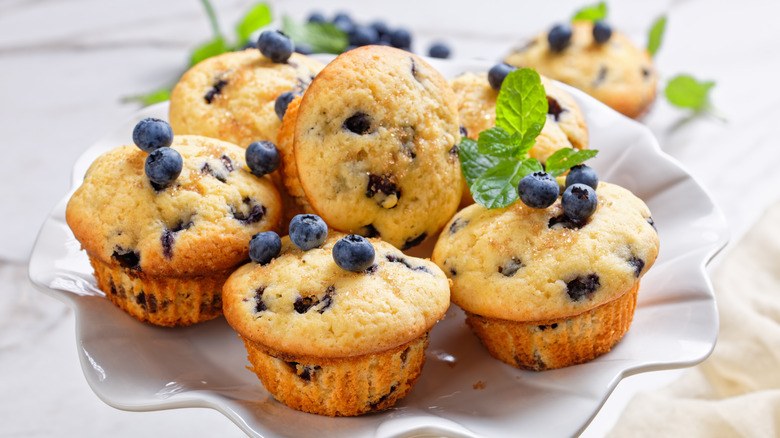 blueberry muffins on tray