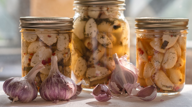 pickled garlic in jars