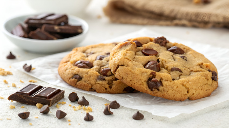 Two soft chocolate chip cookies on parchment paper next to chocolate chips and other pieces of chocolate