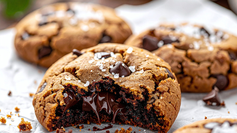 Thick chocolate chip cookies with gooey melted chocolate within them.
