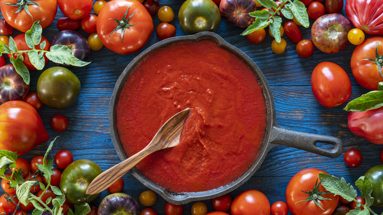 pan of tomato sauce with tomatoes