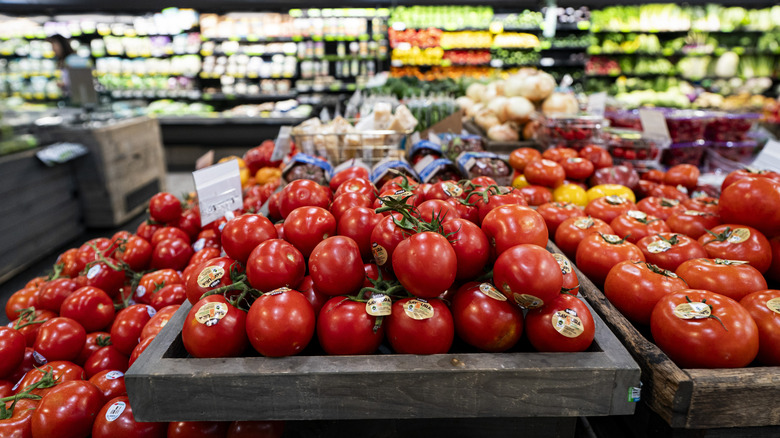 Tomatoes on sale in a grocery store