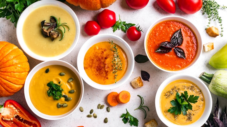 Purees and soup in bowls