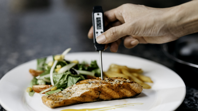 checking meat with thermometer