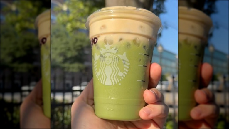 Hand holding a Starbucks pumpkin spice matcha in front of greenery on a city background