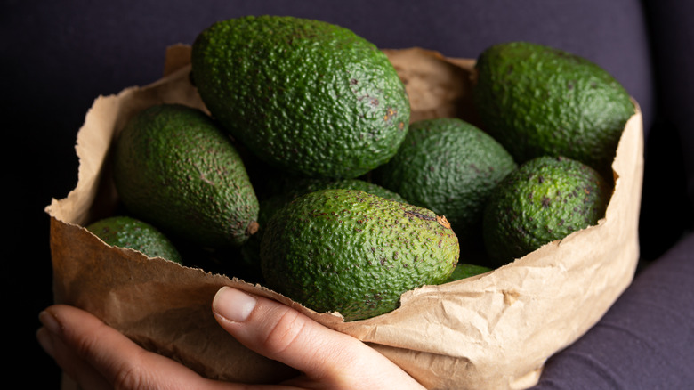 Overflowing avocados in brown bag