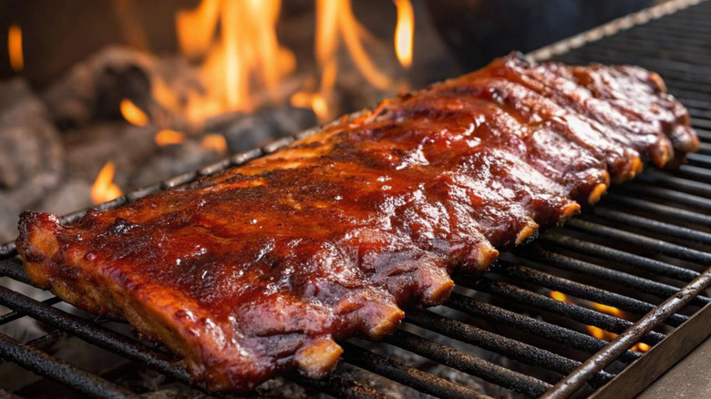 Pork ribs slathered in BBQ sauce cooking on a grill