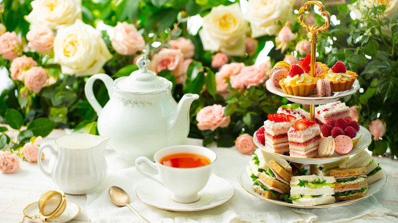Three tiered cake stand at afternoon tea