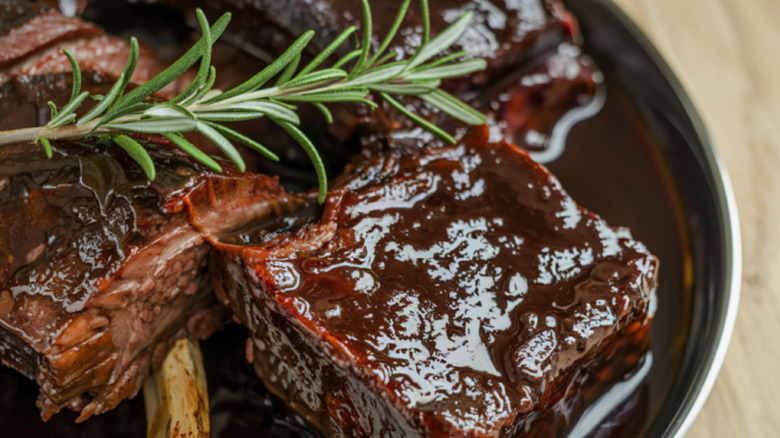A close-up on a plate of braised short ribs with sauce and a sprig of rosemary
