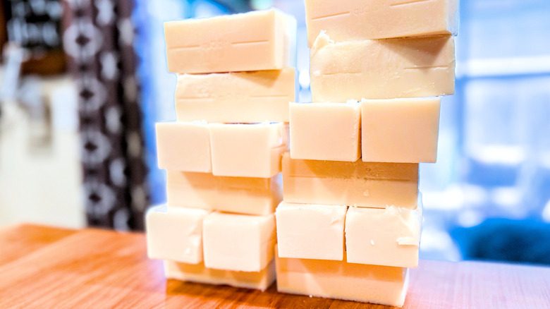 Neatly cut bricks of rendered and purified beef tallow.