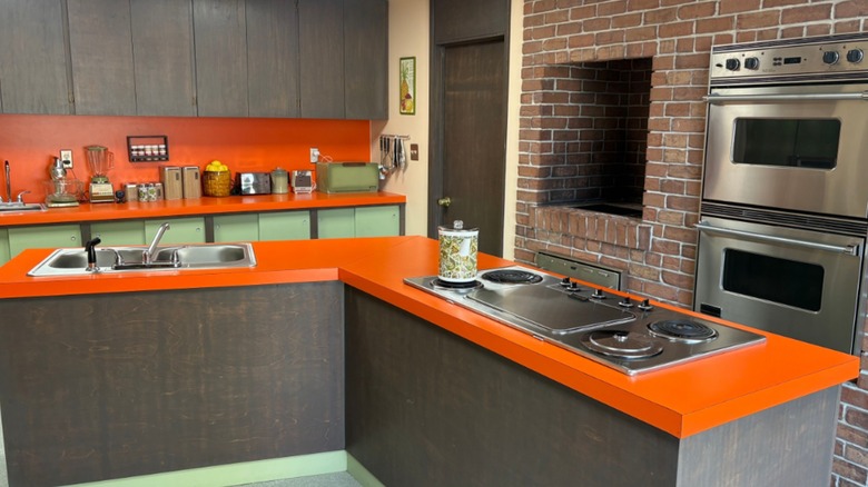 A wide view of the kitchen inside the Brady Bunch house