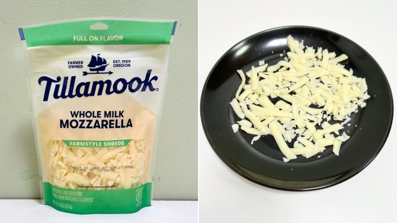 A bag of Tillamook Whole Milk Mozzarella Farmstyle Shreds next to a black plate of cheese