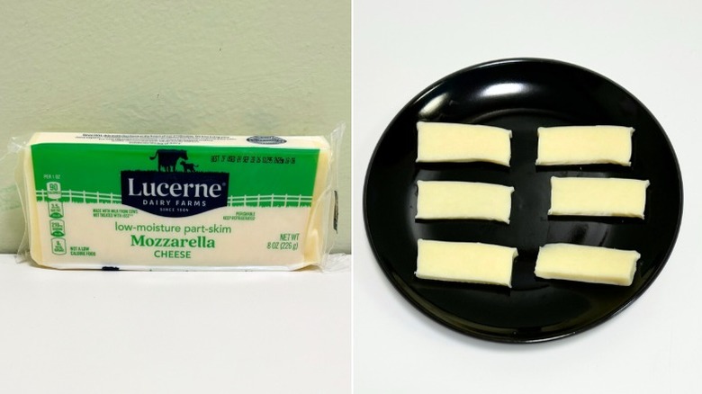 A block of Lucerne Mozzarella Cheese next to a black plate of cheese