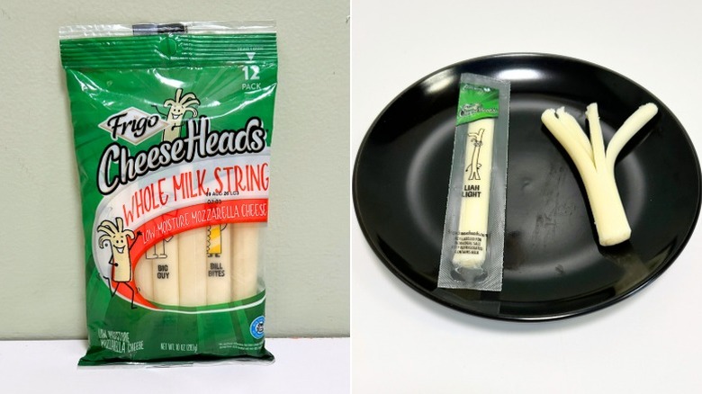 A bag of Frigo Cheese Heads Whole Milk Mozzarella String Cheese next to a black plate of cheese