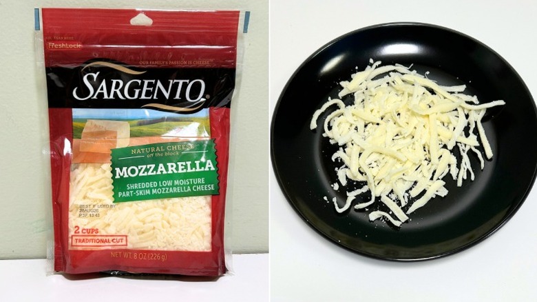 A bag of Sargento Natural Shredded Mozzarella Cheese next to a black plate of cheese