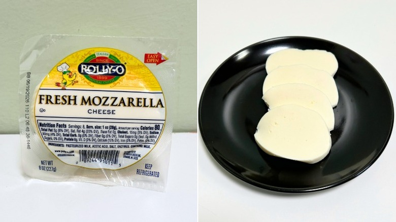 A package of Polly-O Fresh Mozzarella Cheese next to a black plate of cheese