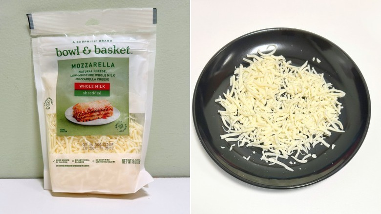 A bag of Bowl & Basket Shredded Whole Milk Mozzarella Cheese next to a black plate of cheese