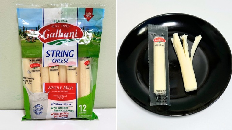 A bag of Galbani Whole Milk String Cheese next to a black plate of cheese