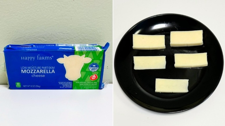 A block of Happy Farms Mozzarella Cheese next to a black plate of cheese