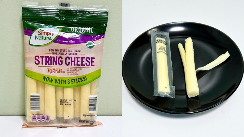 A bag of Simply Nature Organic Mozzarella String Cheese next to a black plate of cheese
