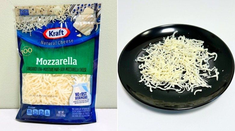 A bag of Kraft Natural Mozzarella Shredded Cheese next to a black plate of cheese