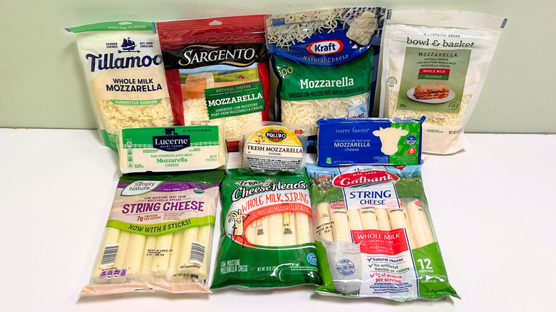Ten mozzarella cheese brands arranged together in three rows